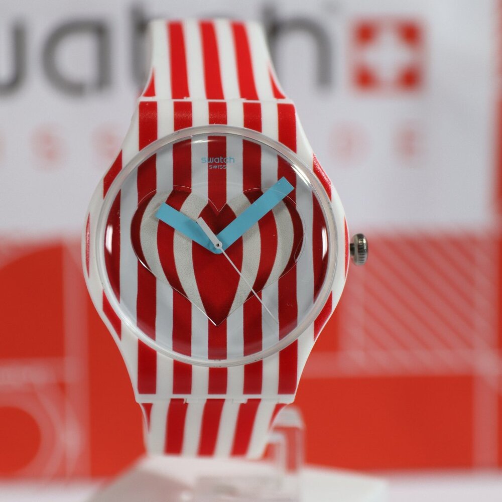 Swiss Swatch Swiss Made RED AND WHITE STRIPE ILLUSIONAL HEART SUOZ168 41MM